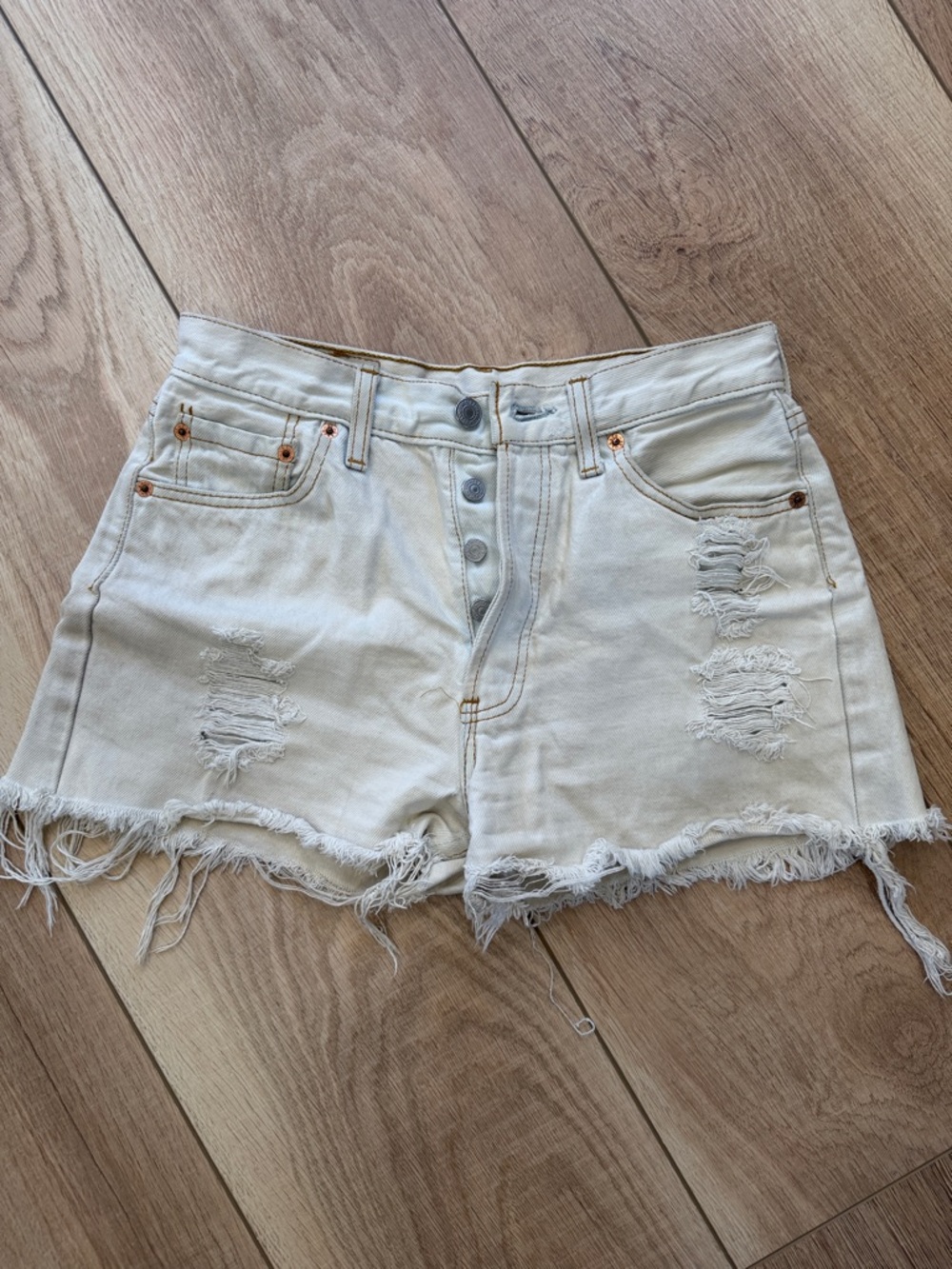 Levi's Cream Distressed Frayed Hem Denim Shorts